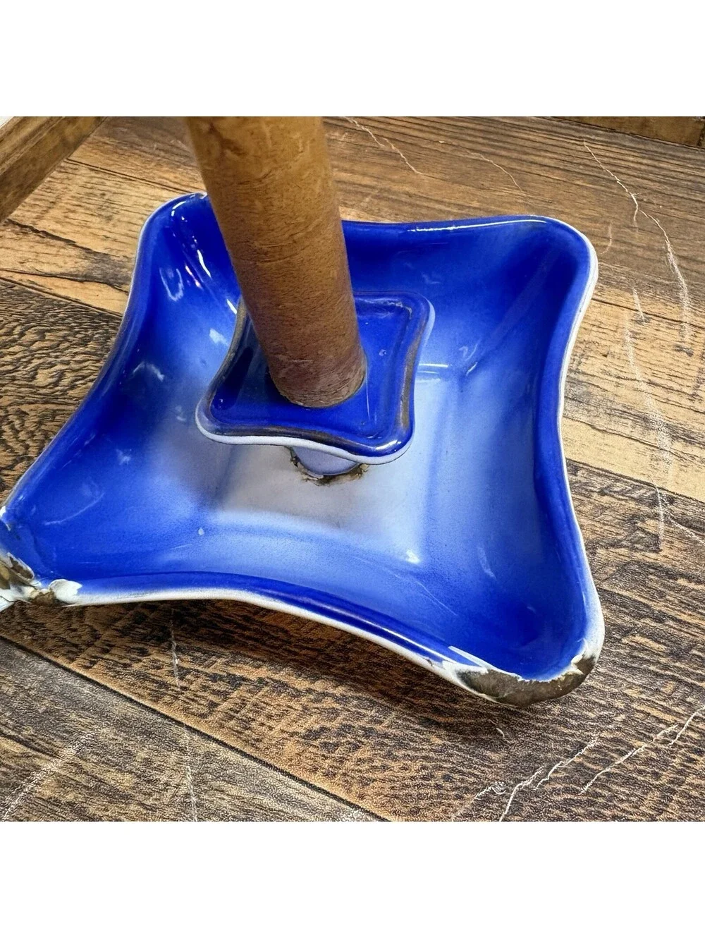 French Country Blue Enamelware Metal Candle Holder w/Handle Square 5.25